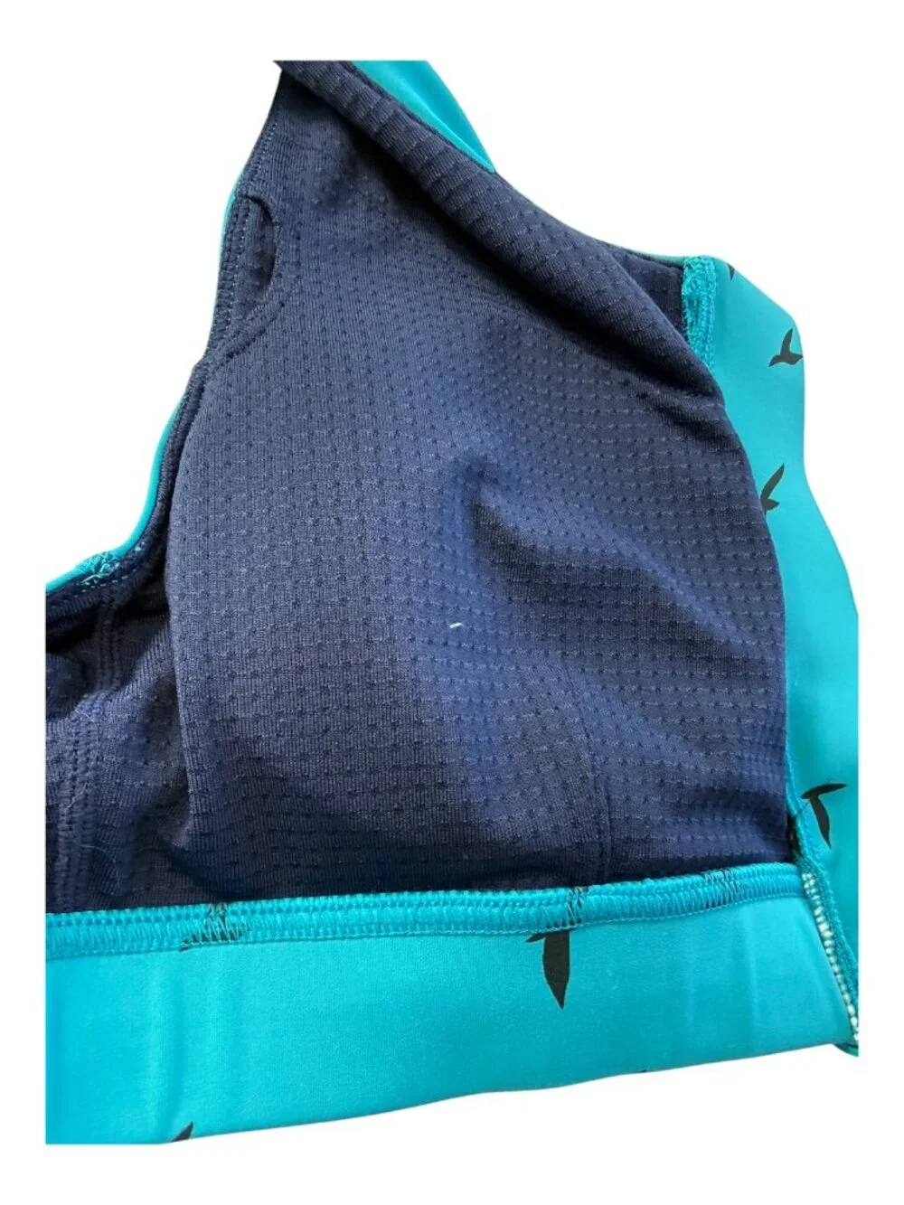 OISELLE Running Sports Bra.  Teal Blue. Bird Print. Size Women's 10 Front Zipper